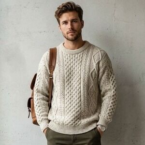 Aran Sweater Market Cable Knit Sweater Mens XL Cream Wool Made in Ireland Warm